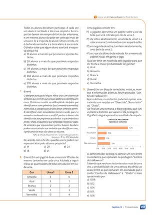 295
Capítulo 12 • Probabilidade
Todos os alunos decidiram participar. A cada vez
um aluno é sorteado e dá a sua resposta. As res-
postas devem ser sempre distintas das anteriores,
e um mesmo aluno não pode ser sorteado mais de
uma vez. Se a resposta do aluno estiver correta, ele
é declarado vencedor e a brincadeira é encerrada.
O diretor sabe que algum aluno acertará a respos-
ta porque há
a) 10 alunos a mais do que possíveis respostas dis-
tintas.
b) 20 alunos a mais do que possíveis respostas
distintas.
c) 119 alunos a mais do que possíveis respostas
distintas.
d) 260 alunos a mais do que possíveis respostas
distintas.
e) 270 alunos a mais do que possíveis respostas
distintas.
7. (Enem)
O designer português Miguel Neiva criou um sistema de
símbolosquepermitequepessoasdaltônicasidentifiquem
cores. O sistema consiste na utilização de símbolos que
identificamascoresprimárias(azul,amareloevermelho).
Alémdisso,ajustaposiçãodedoisdessessímbolospermi-
te identificar cores secundárias (como o verde, que é o
amarelo combinado com o azul). O preto e o branco são
identificadosporpequenosquadrados:oquesimbolizao
pretoécheio,enquantooquesimbolizaobrancoévazio.
Os símbolos que representam preto e branco também
podemserassociadosaossímbolosqueidentificamcores,
significando se estas são claras ou escuras.
Folha de S.Paulo. Disponível em: www1.folha.uol.com.br.
Acesso em: 18 fev. 2012 (adaptado).
De acordo com o texto, quantas cores podem ser
representadas pelo sistema proposto?
a) 14
b) 18
c) 20
d) 21
e) 23
8. (Enem) Em um jogo há duas urnas com 10 bolas de
mesmo tamanho em cada urna. A tabela a seguir
indica as quantidades de bolas de cada cor em ca-
da urna.
Cor Urna 1 Urna 2
Amarela 4 0
Azul 3 1
Branca 2 2
Verde 1 3
Vermelha 0 4
Uma jogada consiste em:
1o
) o jogador apresenta um palpite sobre a cor da
bola que será retirada por ele da urna 2;
2o
) ele retira, aleatoriamente, uma bola da urna 1 e a
colocanaurna2,misturando-acomasqueláestão;
3o
) em seguida ele retira, também aleatoriamente,
uma bola da urna 2;
4o
) se a cor da última bola retirada for a mesma do
palpite inicial, ele ganha o jogo.
Qual cor deve ser escolhida pelo jogador para que
ele tenha a maior probabilidade de ganhar?
a) Azul.
b) Amarela.
c) Branca.
d) Verde.
e) Vermelha.
9. (Enem) Em um blog de variedades, músicas, man-
tras e informações diversas, foram postados “Con-
tos de Halloween”.
Após a leitura, os visitantes poderiam opinar, assi-
nalando suas reações em “Divertido”, “Assustador”
ou “Chato”.
Ao final de uma semana, o blog registrou que 500
visitantes distintos acessaram esta postagem.
Ográficoaseguirapresentaoresultadodaenquete.
0% 10% 20%
21%
30% 40%
CONTOS DE HALLOWEEN
Opinião de visitantes
50% 60%
Divertido
Assustador
Chato
Não opinaram
12%
15%
52%
O administrador do blog irá sortear um livro entre
os visitantes que opinaram na postagem “Contos
de Halloween”.
Sabendo que nenhum visitante votou mais de uma
vez, a probabilidade de uma pessoa escolhida ao
acaso entre as que opinaram ter assinalado que o
conto “Contos de Halloween” é “Chato” é mais
aproximada por:
a) 0,09.
b) 0,12.
c) 0,14.
d) 0,15.
e) 0,18.
« Veja a seção Caiu no Enem no final do livro.
Contexto_e_Aplicações_Matematica_V2_PNLD2015_266a297_u4_c12.indd 295 5/6/13 2:21 PM
 