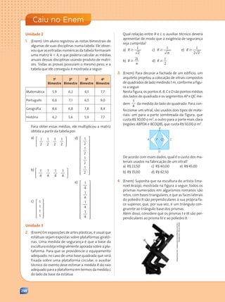 298
Caiu no Enem
(Enem) Um aluno registrou as notas bimestrais de
algumas de suas disciplinas numa tabela. Ele obser-
vou que as entradas numéricas da tabela formavam
uma matriz 4 3 4, e que poderia calcular as médias
anuais dessas disciplinas usando produto de matri-
zes. Todas as provas possuíam o mesmo peso, e a
tabela que ele conseguiu é mostrada a seguir
1o
Bimestre
2o
Bimestre
3o
Bimestre
4o
Bimestre
Matemática 5,9 6,2 4,5 7,7
Português 6,6 7,1 6,5 9,0
Geografia 8,6 6,8 7,8 8,4
História 6,2 5,6 5,9 7,7
Para obter essas médias, ele multiplicou a matriz
obtida a partir da tabela por:
a) 





1
2
1
2
1
2
1
2
b) 





1
4
1
4
1
4
1
4
c) 











1
1
1
1
d) 























1
2
1
2
1
2
1
2
e) 























1
4
1
4
1
4
1
4
(Enem) Em exposições de artes plásticas, é usual que
estátuas sejam expostas sobre plataformas girató-
rias. Uma medida de segurança é que a base da
escultura esteja integralmente apoiada sobre a pla-
taforma. Para que se providencie o equipamento
adequado, no caso de uma base quadrada que será
fixada sobre uma plataforma circular, o auxiliar
técnico do evento deve estimar a medida R do raio
adequado para a plataforma em termos da medida L
do lado da base da estátua.
Qual relação entre R e L o auxiliar técnico deverá
apresentar de modo que a exigência de segurança
seja cumprida?
a) $
R
L
2
b) $
p
R
L
2
c) $
p
R
L
d) $
R
L
2
e) $
R
L
2 2
(Enem) Para decorar a fachada de um edifício, um
arquiteto projetou a colocação de vitrais compostos
de quadrados de lado medindo 1 m, conforme a figu-
ra a seguir.
Nesta figura, os pontos A, B, C e D são pontos médios
dos lados do quadrado e os segmentos AP e QC me-
dem
1
4
da medida do lado do quadrado. Para con-
feccionar um vitral, são usados dois tipos de mate-
riais: um para a parte sombreada da figura, que
custa R$ 30,00 o m2
, e outro para a parte mais clara
(regiões ABPDA e BCDQB), que custa R$ 50,00 o m2
.
B
A
D
C
P Q
De acordo com esses dados, qual é o custo dos ma-
teriais usados na fabricação de um vitral?
a) R$ 22,50 c) R$ 40,00 e) R$ 45,00
b) R$ 35,00 d) R$ 42,50
(Enem) Suponha que na escultura do artista Ema-
noel Araújo, mostrada na figura a seguir, todos os
prismas numerados em algarismos romanos são
retos, com bases triangulares, e que as faces laterais
do poliedro II são perpendiculares à sua própria fa-
ce superior, que, por sua vez, é um triângulo con-
gruente ao triângulo base dos prismas.
Além disso, considere que os prismas I e III são per-
pendiculares ao prisma IV e ao poliedro II.
Disponível
em:
www.escritoriodearte.com.br.
Acesso
em:
28
jul.
2009.
Contexto_e_Aplicações_Matematica_V2_PNLD2015_298_306_CAIU_ENEM.indd 298 5/6/13 10:10 AM
 