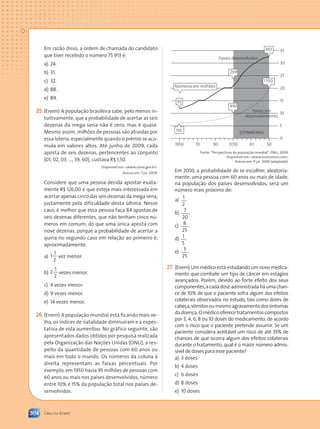 304 Caiu no Enem
Em razão disso, a ordem de chamada do candidato
que tiver recebido o número 75 913 é:
a) 24.
b) 31.
c) 32.
d) 88.
e) 89.
25.(Enem) A população brasileira sabe, pelo menos in-
tuitivamente, que a probabilidade de acertar as seis
dezenas da mega sena não é zero, mas é quase.
Mesmo assim, milhões de pessoas são atraídas por
essa loteria, especialmente quando o prêmio se acu-
mula em valores altos. Até junho de 2009, cada
aposta de seis dezenas, pertencentes ao conjunto
{01, 02, 03, ..., 59, 60}, custava R$ 1,50.
Disponível em: www.caixa.gov.br.
Acesso em: 7 jul. 2009.
Considere que uma pessoa decida apostar exata-
mente R$ 126,00 e que esteja mais interessada em
acertar apenas cinco das seis dezenas da mega sena,
justamente pela dificuldade desta última. Nesse
caso, é melhor que essa pessoa faça 84 apostas de
seis dezenas diferentes, que não tenham cinco nú-
meros em comum, do que uma única aposta com
nove dezenas, porque a probabilidade de acertar a
quina no segundo caso em relação ao primeiro é,
aproximadamente:
a) 1
1
2
vez menor.
b) 2
1
2
vezes menor.
c) 4 vezes menor.
d) 9 vezes menor.
e) 14 vezes menor.
26.(Enem) A população mundial está ficando mais ve-
lha, os índices de natalidade diminuíram e a expec-
tativa de vida aumentou. No gráfico seguinte, são
apresentados dados obtidos por pesquisa realizada
pela Organização das Nações Unidas (ONU), a res-
peito da quantidade de pessoas com 60 anos ou
mais em todo o mundo. Os números da coluna à
direita representam as faixas percentuais. Por
exemplo, em 1950 havia 95 milhões de pessoas com
60 anos ou mais nos países desenvolvidos, número
entre 10% e 15% da população total nos países de-
senvolvidos.
461
1592
Números em milhões
Países desenvolvidos
Países em
desenvolvimento
ESTIMATIVAS
269
490
95
110
1950 70 90 30 50
0
5
10
15
20
25
30
35
2010
Fonte: “Perspectivas da população mundial”, ONU, 2009.
Disponível em: www.economist.com.
Acesso em: 9 jul. 2009 (adaptado).
Em 2050, a probabilidade de se escolher, aleatoria-
mente, uma pessoa com 60 anos ou mais de idade,
na população dos países desenvolvidos, será um
número mais próximo de:
a) 1
2
.
b) 7
20
.
c) 8
25
.
d) 1
5
.
e) 3
25
.
27. (Enem) Um médico está estudando um novo medica-
mento que combate um tipo de câncer em estágios
avançados. Porém, devido ao forte efeito dos seus
componentes,acadadoseadministradaháumachan-
ce de 10% de que o paciente sofra algum dos efeitos
colaterais observados no estudo, tais como dores de
cabeça,vômitosoumesmoagravamentodossintomas
dadoença.Omédicooferecetratamentoscompostos
por 3, 4, 6, 8 ou 10 doses do medicamento, de acordo
com o risco que o paciente pretende assumir. Se um
paciente considera aceitável um risco de até 35% de
chances de que ocorra algum dos efeitos colaterais
durante o tratamento, qual é o maior número admis-
sível de doses para esse paciente?
a) 3 doses
b) 4 doses
c) 6 doses
d) 8 doses
e) 10 doses
Contexto_e_Aplicações_Matematica_V2_PNLD2015_298_306_CAIU_ENEM.indd 304 23/05/2013 10:39
 