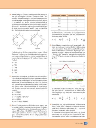 305
Caiu no Enem
28.(Enem) A figura I mostra um esquema das principais
vias que interligam a cidade A com a cidade B. Cada
número indicado na figura II representa a probabi-
lidade de pegar um engarrafamento quando se pas-
sa na via indicada. Assim, há uma probabilidade de
30% de se pegar engarrafamento no deslocamento
do ponto C ao ponto B, passando pela estrada E4, e
de 50%, quando se passa por E3. Essas probabilida-
des são independentes umas das outras.
E3
E4
E6
E2
D
Figura I
C
B A
E1
E5
0,5
0,3
0,6
0,7
D
Figura II
C
B A
0,8
0,4
Paula deseja se deslocar da cidade A para a cidade
B usando exatamente duas das vias indicadas, per-
correndo um trajeto com a menor probabilidade de
engarrafamento possível. O melhor trajeto para
Paula é:
a) E1E3.
b) E1E4.
c) E2E4.
d) E2E5.
e) E2E6.
29.(Enem) O controle de qualidade de uma empresa
fabricante de telefones celulares aponta que a pro-
babilidade de um aparelho de determinado modelo
apresentar defeito de fabricação é de 0,2%. Se uma
loja acaba de vender 4 aparelhos desse modelo para
um cliente, qual é a probabilidade de esse cliente
sair da loja com exatamente dois aparelhos defei-
tuosos?
a) 2  (0,2%)4
b) 4  (0,2%)2
c) 6  (0,2%)2
 (99,8%)2
d) 4  (0,2%)
e) 6  (0,2%)  (99,8%)
30.(Enem) O diretor de um colégio leu numa revista que
os pés das mulheres estavam aumentando. Há alguns
anos, a média do tamanho dos calçados das mulheres
era de 35,5 e, hoje, é de 37,0. Embora não fosse uma
informação científica, ele ficou curioso e fez uma pes-
quisa com as funcionárias do seu colégio, obtendo o
quadro a seguir:
Tamanho dos calçados Número de funcionárias
39,0 1
38,0 10
37,0 3
36,0 5
35,0 6
Escolhendo uma funcionária ao acaso e sabendo
que ela tem calçado maior que 36,0, a probabilida-
de de ela calçar 38,0 é:
a)
1
3
b)
1
5
c)
2
5
d)
5
7
e)
5
14
31. (Enem) Rafael mora no Centro de uma cidade e de-
cidiu se mudar, por recomendações médicas, para
uma das regiões: Rural, Comercial, Residencial Ur-
bano ou Residencial Suburbano. A principal reco-
mendação médica referia-se às temperaturas das
“ilhas de calor” da região, que deveriam ser inferio-
res a 31 °C. Tais temperaturas são apresentadas no
gráfico:
PERFIL DA ILHA DE CALOR URBANA
Rural Comercial Centro Residencial
Urbano
Residencial
Suburbano
°C
°F
33
32
31
30
85
86
87
88
89
90
91
92
Fonte: EPA
Escolhendo, aleatoriamente, uma das outras regi-
ões para morar, a probabilidade de ele escolher
uma região que seja adequada às recomendações
médicas é:
a)
1
5
b)
1
4
c)
2
5
d)
3
5
e)
3
4
32.(Enem) Em um jogo disputado em uma mesa de
sinuca, há 16 bolas: 1 branca e 15 coloridas, as quais,
de acordo com a coloração, valem de 1 a 15 pontos
(um valor para cada bola colorida).
O jogador acerta o taco na bola branca de forma
que esta acerte as outras, com o objetivo de acer-
tar duas das quinze bolas em quaisquer caçapas.
Contexto_e_Aplicações_Matematica_V2_PNLD2015_298_306_CAIU_ENEM.indd 305 10/05/2013 15:18
 