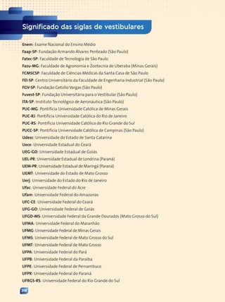 318
Significado das siglas de vestibulares
Enem: Exame Nacional do Ensino Médio
Faap-SP: Fundação Armando Álvares Penteado (São Paulo)
Fatec-SP: Faculdade de Tecnologia de São Paulo
Fazu-MG: Faculdade de Agronomia e Zootecnia de Uberaba (Minas Gerais)
FCMSCSP: Faculdade de Ciências Médicas da Santa Casa de São Paulo
FEI-SP: Centro Universitário da Faculdade de Engenharia Industrial (São Paulo)
FGV-SP: Fundação Getúlio Vargas (São Paulo)
Fuvest-SP: Fundação Universitária para o Vestibular (São Paulo)
ITA-SP: Instituto Tecnológico de Aeronáutica (São Paulo)
PUC-MG: Pontifícia Universidade Católica de Minas Gerais
PUC-RJ: Pontifícia Universidade Católica do Rio de Janeiro
PUC-RS: Pontifícia Universidade Católica do Rio Grande do Sul
PUCC-SP: Pontifícia Universidade Católica de Campinas (São Paulo)
Udesc: Universidade do Estado de Santa Catarina
Uece: Universidade Estadual do Ceará
UEG-GO: Universidade Estadual de Goiás
UEL-PR: Universidade Estadual de Londrina (Paraná)
UEM-PR: Universidade Estadual de Maringá (Paraná)
UEMT: Universidade do Estado de Mato Grosso
Uerj: Universidade do Estado do Rio de Janeiro
Ufac: Universidade Federal do Acre
Ufam: Universidade Federal do Amazonas
UFC-CE: Universidade Federal do Ceará
UFG-GO: Universidade Federal de Goiás
UFGD-MS: Universidade Federal da Grande Dourados (Mato Grosso do Sul)
UFMA: Universidade Federal do Maranhão
UFMG: Universidade Federal de Minas Gerais
UFMS: Universidade Federal de Mato Grosso do Sul
UFMT: Universidade Federal de Mato Grosso
UFPA: Universidade Federal do Pará
UFPB: Universidade Federal da Paraíba
UFPE: Universidade Federal de Pernambuco
UFPR: Universidade Federal do Paraná
UFRGS-RS: Universidade Federal do Rio Grande do Sul
Contexto_e_Aplicações_Matematica_V2_PNLD2015_317a320_Finais.indd 318 5/6/13 10:23 AM
 