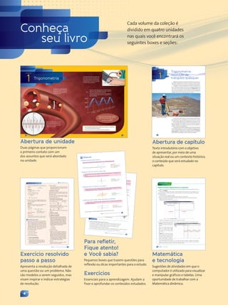 Cada volume da coleção é
dividido em quatro unidades
nas quais você encontrará os
seguintes boxes e seções:
10 11
O coração bate sistematicamente
emintervalosregularesbombeando
sangue pelas artérias. O sangue, ao
circular, exerce uma pressão sobre
as paredes arteriais.
O gráfico a seguir, da pressão (P) em função do tempo (t),
representa uma investigação desse tipo, na qual se
analisa a situação clínica de um paciente.
Nele pode-se observar que ocorre um ciclo completo a
cada ç,75 segundo e que cada ciclo corresponde a um
batimento cardíaco.
Muitos fenômenos físicos e sociais
de comportamento cíclico podem ser
modelados com auxílio de funções
trigonométricas, como a pressão
sanguínea, por exemplo.
Usando a função cosseno para modelar a
regularidade, os dados contidos no gráfico
podem ser expressos por meio da lei:
f(t) = 1çç – 2ç . cos(áççt
3 )
f(x)
x
Africa
Studio/Shutterstock/Glow
Images
A variação da pressão nas paredes dos
vasos sanguíneos de um indivíduo (medida
em mmHg: milímetros de mercúrio), em
função do instante de coleta dessa medida,
é verificada por meio de um aparelho
chamado esfigmomanômetro.
UNIDADE
1 Trigonometria
1. Que característica comum têm os fenômenos que podem ser modelados
por meio de funções trigonométricas?
2. O que representa cada ciclo do gráfico da pressão sanguínea?
12
Algumas vezes deparamos com plantas de terrenos em que há a re-
presentação de lagos ou de montanhas com todas as medidas indicadas
sem que nos ocorra pensar em como essas medidas teriam sido obtidas.
A Topografia é a área da Engenharia que trata de situações como
esta: medições que determinam a forma e a posição de elementos do
relevo, com base em relações estabelecidas pela Trigonometria. Para
isso, utiliza-se o teodolito, um instrumento de observação que ajuda a
calcular distâncias difíceis de serem medidas, a partir de medidas de
triângulos que podem ser determinados nos terrenos.
O conhecimento das relações entre lados e ângulos desses triângu-
los é fundamental para o topógrafo, pois se ele conhecer três das seis
medidas de lados e ângulos de um triângulo poderá calcular as demais.
Até a descoberta dessas relações, problemas que envolvessem triân-
gulos eram geralmente resolvidos com o que se sabia das relações no
triângulo retângulo, mas a prática mostrou que isso era insuficiente ou
tornava os cálculos muito trabalhosos.
Adeterminaçãodasmedidasdosângulosedoscomprimentosdoslados
deumtriânguloqualquer,semrecorreraostriângulosretângulos,foipossí-
velcomaevoluçãodaTrigonometria.Asrelações,chamadasleidossenose
lei dos cossenos, trouxeram ferramentas fundamentais para os problemas
que envolviam esses triângulos. Vamos estudá-las neste capítulo.
Marcus
Lyon/Getty
Images
Engenheiro usando teodolito.
1
CAPÍTULO
Trigonometria:
resolução de
triângulos quaisquer
33
Capítulo 2 • Conceitos trigonométricos básicos
1. Escreva a expressão geral dos arcos côngruos aos
arcos de:
a) 45°; b)
3
4
␲
rad.
Resolução:
a) expressão geral: ␣ ⫹ k ⭈ 360°
␣ ⫽ 45°
45° ⫹ k ⭈ 360°, com k [ Z
b) expressão geral: x ⫹ 2k␲
x ⫽
3
4
␲
rad
3
4
␲
⫹ 2k␲, com k [ Z
2. Qual é o menor arco não negativo côngruo ao arco
de 1320°, ou seja, qual é a 1a
determinação positiva
do arco de 1320°?
Resolução:
Devemos obter o menor valor não negativo de ␣
tal que ␣ ⫹ k ⭈ 360° ⫽ 1320°, com k [ Z.
Então:
1320 360
240 3
␣ k
1320° ⫽ 240° ⫹ 360° ⭈ 3
Logo, o arco pedido
mede 240°.
Fique atento!
Neste exercício dizemos que 240° é a 1· determinação
positiva de 1320° ou que 1320° foi reduzido à 1· volta.
b) O que se pede?
Pede-se ao aluno que determine quantas voltas
o atleta gira quando faz a manobra denomina-
da “900” no skate vertical.
2. Planejando a solução
Sabendo que uma volta completa equivale a um
giro de 360°, basta determinarmos quantas voltas
equivalem a 900°.
Isso pode ser feito de várias maneiras: descobrin-
do-se quantas vezes o 360° “cabe” em 900°;
usando-se proporção; etc.
3. Executando o que foi planejado
• Chamando de x o número de vezes que 360º “ca-
be” em 900º, temos:
360x ⫽ 900 ⇒ x ⫽
900
360
⫽ 2,5
Portanto, são duas voltas e meia.
• Usando proporção, e chamando de x o número
de voltas que equivale a 900º, temos:
x
x
900
1
360
900
360
2 5
⫽ ⫽ ⫽
⇒ ,
Note que isso equivale a usar a chamada “regra
de três”.
4. Emitindo a resposta
A resposta é a alternativa d.
5. Ampliando o problema
a) Muitasoutrasmanobrasdoskatevertical(ram-
paemformadeU)têmnonomenúmerosque
indicam a rotação em graus do atleta. Uma
manobracomo“180olliefrontside”consisteem
umgirodemeia-voltanoarquandooatletasai
da rampa, voltando para ela com o skate já na
novaposição.Considerandoapenasonomedas
manobrasabaixo,descrevaonúmerodevoltas
do giro do atleta em cada uma delas:
I. Fakie 360
II. 540 McTwist
III. 720 McHawk
b) Discussão em equipe
Skatismo é ou não é esporte? Há quem de-
fenda uma e outra posição. Já quiseram até
mesmo incluir essa atividade em olimpíadas.
Algunsdosmaioresnomesdoskatismomun-
dial dizem que “skatismo não é esporte, é
estilo de vida”. Mas é considerado também
um“esporteradical”eparticipados X-Games,
a “olimpíada dos esportes radicais”. Converse
com seus colegas e dê sua opinião.
c) Pesquisa
Quem foi o primeiro a executar o “900”?
Quando e onde isso aconteceu?
900 360
x
« Resolvido passo a passo
3. (Enem) Nos X-Games Brasil, em maio de 2004, o
skatista brasileiro Sandro Dias, apelidado “Minei-
rinho”, conseguiu realizar a manobra denominada
“900”, na modalidade skate vertical, tornando-se
o segundo atleta no mundo a conseguir esse feito.
A denominação “900” refere-se ao número de
graus que o atleta gira no ar em torno de seu pró-
prio corpo, que, no caso, corresponde a:
a) uma volta completa.
b) uma volta e meia.
c) duas voltas completas.
d) duas voltas e meia.
e) cinco voltas completas.
1. Lendo e compreendendo
a) O que é dado no problema?
É explicado que a denominação “900”, na
manobra do skate vertical, se refere ao
número de graus que o atleta gira em tor-
no do seu próprio corpo.
Para refletir
Qual é o significado de um
nœmero não negativo?
« passo a passo: exercício 3
Exercícios resolvidos
Exercício resolvido
passo a passo
Apresenta a resolução detalhada de
uma questão ou um problema. Não
são modelos a serem seguidos, mas
visam inspirar e indicar estratégias
de resolução.
Conheça
seu livro
Para refletir,
Fique atento!
e Você sabia?
Pequenos boxes que trazem questões para
reflexão ou dicas importantes para o estudo.
Exercícios
Essenciais para a aprendizagem. Ajudam a
fixar e aprofundar os conteúdos estudados.
169
Capítulo 8 • Geometria espacial de posição: uma abordagem intuitiva
8 Paralelismo no espaço
Retomando o que vimos até agora sobre paralelismo no espaço, temos:
• Duas retas distintas são paralelas quando, e somente quando, são coplanares e não têm ponto comum.
• Dois planos distintos são paralelos quando, e somente quando, não têm ponto comum.
• Uma reta e um plano que não a contenha são paralelos quando, e somente quando, não têm ponto
comum.
É preciso estar atento a certos fatos relativos ao paralelismo. Veja alguns:
1o
) Podemos ter, em dois planos paralelos, retas que não sejam paralelas.
Por exemplo, no paralelepípedo a seguir os planos ABCD e EFGH são
paralelos; entretanto, as retas , AB- e , FH- pertencentes a eles não são
paralelas e sim reversas. Veja:
A
D
H
C
G
F
B
E
a
b
r
s
a / b, r está em a
s está em b
r e s não são paralelas
r e s são reversas
2o
) Podemos ter retas paralelas contidas em dois planos que não sejam paralelos.
Por exemplo, no paralelepípedo abaixo, as retas , AB- e , GH- são para-
lelas. A reta AB está no plano ABCD e a reta GH está no plano CDHG,
que se intersectam segundo a reta CD.
A
B
F G
C
E
D
H
a
b
r
s
r / s, r está em b
s está em a
a e b não são paralelos
Para refletir
¥ Que posi•›es relativas podem ter
duas retas distintas que n‹o s‹o
paralelas?
¥ O que acontece com dois planos
distintos quando n‹o s‹o
paralelos?
¥ Que posi•›es relativas podem
ter uma reta e um plano quando
n‹o s‹o paralelos?
Você sabia?
Na cadeira de praia abaixo, o encosto
e o assento podem ser vistos como
partes de planos secantes; as ripas de
madeira podem ser vistas como retas
paralelas entre si.
Elsar/Shuttersto
ck/Glow
Images
Exercício
14. Indique se são verdadeiras (V) ou falsas (F) as afirmações:
a) Se dois planos são paralelos, qualquer reta de um deles é paralela a qualquer reta do outro.
b) Se dois planos são paralelos, qualquer reta que intersecta um deles intersecta o outro.
c) Se dois planos distintos são paralelos, qualquer reta de um deles é paralela ao outro.
d) Dois planos paralelos a uma reta são paralelos entre si.
e) Uma reta r não está contida em um plano a e é tal que r / a. Então, existe uma reta s, contida em a, tal que s / r.
f) Se um plano intersecta dois planos paralelos, então as intersecções são retas paralelas.
177
Capítulo 8 • Geometria espacial de posição: uma abordagem intuitiva
11 Dist‰ncias
Distância entre dois pontos
Dados dois pontos distintos, A e B, a dist‰ncia entre A e B Ž a medida do segmento AB.
A
B
Se A e B coincidem, dizemos que a dist‰ncia entre A e B Ž zero.
A ⬅ B
Distância de um ponto a uma reta
Dados um ponto P e uma reta r, podemos tra•ar uma reta que passa por P e Ž perpendicular a r
no ponto A.
A dist‰ncia do ponto P ˆ reta r Ž a dist‰ncia entre os pontos P e A.
P
A
r
Distância de um ponto a um plano
Dados um ponto P e um plano a, podemos determinar P9, que Ž a proje•‹o ortogonal de P sobre a.
A dist‰ncia do ponto P ao plano a Ž a dist‰ncia entre os pontos P e P9.
a
P
P9
Distância entre duas retas distintas e paralelas
Dadas as retas r e s, distintas e paralelas, a dist‰ncia entre r e s Ž a dist‰ncia de qualquer ponto
de uma delas ˆ outra reta.
A
B
r
s
Se duas retas s‹o coincidentes (paralelas iguais), a dist‰ncia entre elas Ž zero.
Fique atento!
Quando se diz que a distância
entre A e B é AB, subentende-se
que é a medida de AB.
Para refletir
Em que condições a distância
entre P e r é igual a zero?
Para refletir
Qual é a distância entre P e a,
quando P [ a?
Fique atento!
Não se pode definir distância
entre duas retas concorrentes.
Unidade 1 • Trigonometria
52
Matemática
tecnologia
e
Gráfico de funções trigonométricas no computador
Agora, vamos aprender, ou relembrar, como construir gráficos de funções quadráticas usando o
software livre Geogebra.
Trata-se de um software matemático, criado por Markus Hohenwarter, que reúne Álgebra e Geo-
metria. Ele pode ser utilizado em todos os níveis de ensino e já recebeu diversos prêmios na Europa e
nos Estados Unidos.
A instalação desse software é simples:
• Acesse o site <www.geogebra.org/cms/pt_BR> e clique em “Download”;
• Clique em “Webstart”, faça o download e siga os passos automáticos de instalação do programa.
Depois disso, você já pode usá-lo.
Ao abrir o programa, você verá a seguinte tela:
barra de menu
entrada de comando
barra de ferramentas
zona algébrica zona gráfica
Fotos:
Reprodução/<www.geogebra.org>
Depois de ter o programa instalado, faça os exercícios a seguir.
1. Construa o gráfico das funções f(x) 5 sen x e g(x) 5 cos x, como a seguir. Para isso siga os passos:
1o
passo:Nocampo“Entrada”(situa-
do na parte inferior da tela) insira a
função:
f(x) 5 sin x e tecle “Enter”. Em se-
guida, no mesmo campo digite
g(x) 5 cos x e tecle “Enter”. Obser-
ve que f(x) 5 sin x é o mesmo que
f(x) 5 sen x.
2o
passo: Para melhorar a visuali-
zação, clique com o botão direito
do mouse sobre o gráfico da fun-
ção seno e abrirá uma aba com a
opção “Propriedades...”; clique so-
bre ela. Assim, abrirá uma janela
com várias opções; clique na aba “Cor” e escolha uma nova cor para o seu gráfico. Em seguida,
clique na aba “Estilo” e coloque a espessura da linha igual a 5. Feche a janela e observe que o
gráfico ficou destacado. Faça o mesmo com a função cosseno.
Matemática
e tecnologia
Sugestões de atividades em que o
computador é utilizado para visualizar
e manipular gráficos e tabelas. Uma
oportunidade de trabalhar com a
Matemática dinâmica.
Abertura de unidade
Duas páginas que proporcionam
o primeiro contato com um
dos assuntos que será abordado
na unidade.
Abertura de capítulo
Texto introdutório com o objetivo
de apresentar, por meio de uma
situação real ou um contexto histórico,
o conteúdo que será estudado no
capítulo.
4
Contexto_e_Aplicações_Matematica_V2_PNLD2015_004a005.indd 4 5/6/13 9:03 AM
 