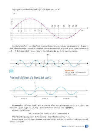 45
Capítulo 3 • Funções trigonométricas
Veja o gráfico inicialmente para x  [0, 2] e depois para x  R:
1
0,9
0,7
0,5
0
0,5
0,7
0,9
1

6

4

3

2
2
3
3
4
5
6
7
6
5
4
4
3
3
2
5
3
7
4
11
6
 2
x
y
Como a função f(x)  sen x é definida no conjunto dos números reais, ou seja, seu domínio é R, a curva
pode ser estendida para valores de x menores do que zero e maiores do que 2. Assim, o gráfico da função
f: R → R, definida por f(x)  sen x, é a curva chamada senoide, que tem o seguinte aspecto:
1
3
2
3
2
y
x
4 2 4
2 
1


2

2


0
Periodicidade da função seno
x
y
0
1
2 4
2
período (p) período (p) período (p)
1
Observando o gráfico da função seno, vemos que a função repete periodicamente seus valores nos
intervalos …, [2, 0], [0, 2], [2, 4], … Daí dizermos que a função seno é periódica.
Observe no gráfico que:
sen x  sen (x  2)  sen (x  4)  … para todo x  R
Dizemos então que o período da função seno é 2 e indicamos assim: p  2.
Para encontrar o período basta observar no gráfico o deslocamento horizontal necessário para que ele
comece a se repetir.
Fique atento!
O gráfico de f(x)  sen x é simétrico
em relação à origem.
Contexto_e_Aplicações_Matematica_V2_PNLD2015_035a054_U1_C3.indd 45 10/05/2013 13:41
 