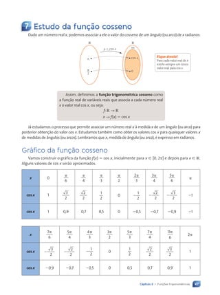 47
Capítulo 3 • Funções trigonométricas
7 Estudo da função cosseno
Dado um número real x, podemos associar a ele o valor do cosseno de um ângulo (ou arco) de x radianos:
cos x1
Im
y 5 cos x
R
R
x1
p
2
0
Assim, definimos a função trigonométrica cosseno como
a função real de variáveis reais que associa a cada número real
x o valor real cos x, ou seja:
f: R → R
x → f(x) 5 cos x
Já estudamos o processo que permite associar um número real x à medida x de um ângulo (ou arco) para
posterior obtenção do valor cos x. Estudamos também como obter os valores cos x para quaisquer valores x
de medidas de ângulos (ou arcos). Lembramos que x, medida de ângulo (ou arco), é expresso em radianos.
Gráfico da função cosseno
Vamos construir o gráfico da função f(x) 5 cos x, inicialmente para x [ [0, 2p] e depois para x [ R.
Alguns valores de cos x serão aproximados.
x 0
6
p
4
p
3
p
2
p 2
3
p 3
4
p 5
6
p
p
cos x 1
3
2
2
2
1
2
0
1
2
2
2
2
2
3
2
2 21
cos x 1 0,9 0,7 0,5 0 20,5 20,7 20,9 21
x
7
6
p 5
4
p 4
3
p 3
2
p 5
3
p 7
4
p 11p
6
2p
cos x
3
2
2
2
2
2
1
2
2 0
1
2
2
2
3
2
1
cos x 20,9 20,7 20,5 0 0,5 0,7 0,9 1
Fique atento!
Para cada valor real de x
existe sempre um único
valor real para cos x.
Contexto_e_Aplicações_Matematica_V2_PNLD2015_035a054_U1_C3.indd 47 5/6/13 9:17 AM
 
