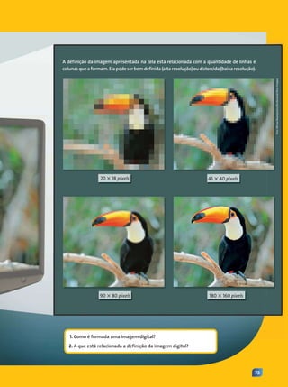 73
20 3 18 pixels 45 3 40 pixels
180 3 160 pixels
90 3 80 pixels
Foto:
Mircea
Bezergheanu/Shutterstock/Glow
Images
1. Como é formada uma imagem digital?
2. A que está relacionada a definição da imagem digital?
A definição da imagem apresentada na tela está relacionada com a quantidade de linhas e
colunasqueaformam.Elapodeserbemdefinida(altaresolução)oudistorcida(baixaresolução).
Contexto_e_Aplicações_Matematica_V2_PNLD2015_072a073_U2.indd 73 5/6/13 9:24 AM
 