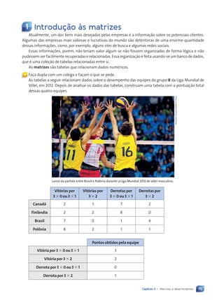 75
Capítulo 5 • Matrizes e determinantes
1 Introdução às matrizes
Atualmente, um dos bens mais desejados pelas empresas é a informação sobre os potenciais clientes.
Algumas das empresas mais valiosas e lucrativas do mundo são detentoras de uma enorme quantidade
dessas informações, como, por exemplo, alguns sites de busca e algumas redes sociais.
Essas informações, porém, não teriam valor algum se não fossem organizadas de forma lógica e não
pudessem ser facilmente recuperadas e relacionadas. Essa organização é feita usando-se um banco de dados,
que é uma coleção de tabelas relacionadas entre si.
As matrizes são tabelas que relacionam dados numéricos.
« Faça dupla com um colega e façam o que se pede.
As tabelas a seguir relacionam dados sobre o desempenho das equipes do grupo B da Liga Mundial de
Vôlei, em 2012. Depois de analisar os dados das tabelas, construam uma tabela com a pontuação total
dessas quatro equipes.
Lance da partida entre Brasil e Polônia durante a Liga Mundial 2012 de vôlei masculino.
Vitórias por
3 3 0 ou 3 3 1
Vitórias por
3 3 2
Derrotas por
3 3 0 ou 3 3 1
Derrotas por
3 3 2
Canadá 2 1 7 2
Finlândia 2 2 8 0
Brasil 7 0 1 4
Polônia 8 2 1 1
Pontos obtidos pela equipe
Vitória por 3 3 0 ou 3 3 1 3
Vitória por 3 3 2 2
Derrota por 3 3 0 ou 3 3 1 0
Derrota por 3 3 2 1
Alexandre
Guzanshe/EM/D.A
Press
Contexto_e_Aplicações_Matematica_V2_PNLD2015_074a107_U2_C5.indd 75 5/6/13 9:28 AM
 