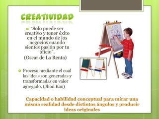 

“Solo puede ser

creativo y tener éxito
en el mundo de los
negocios cuando
sientes pasión por tu
oficio”.
(Oscar de La Renta)


Proceso mediante el cual
las ideas son generadas y
transformadas en valor
agregado. (Jhon Kao)

 