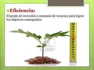 Eficiencia:
El grado de inversión o consumo de recursos para lograr
los objetivos conseguidos.

 