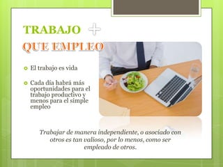 TRABAJO



El trabajo es vida



Cada día habrá más
oportunidades para el
trabajo productivo y
menos para el simple
empleo

Trabajar de manera independiente, o asociado con
otros es tan valioso, por lo menos, como ser
empleado de otros.

 