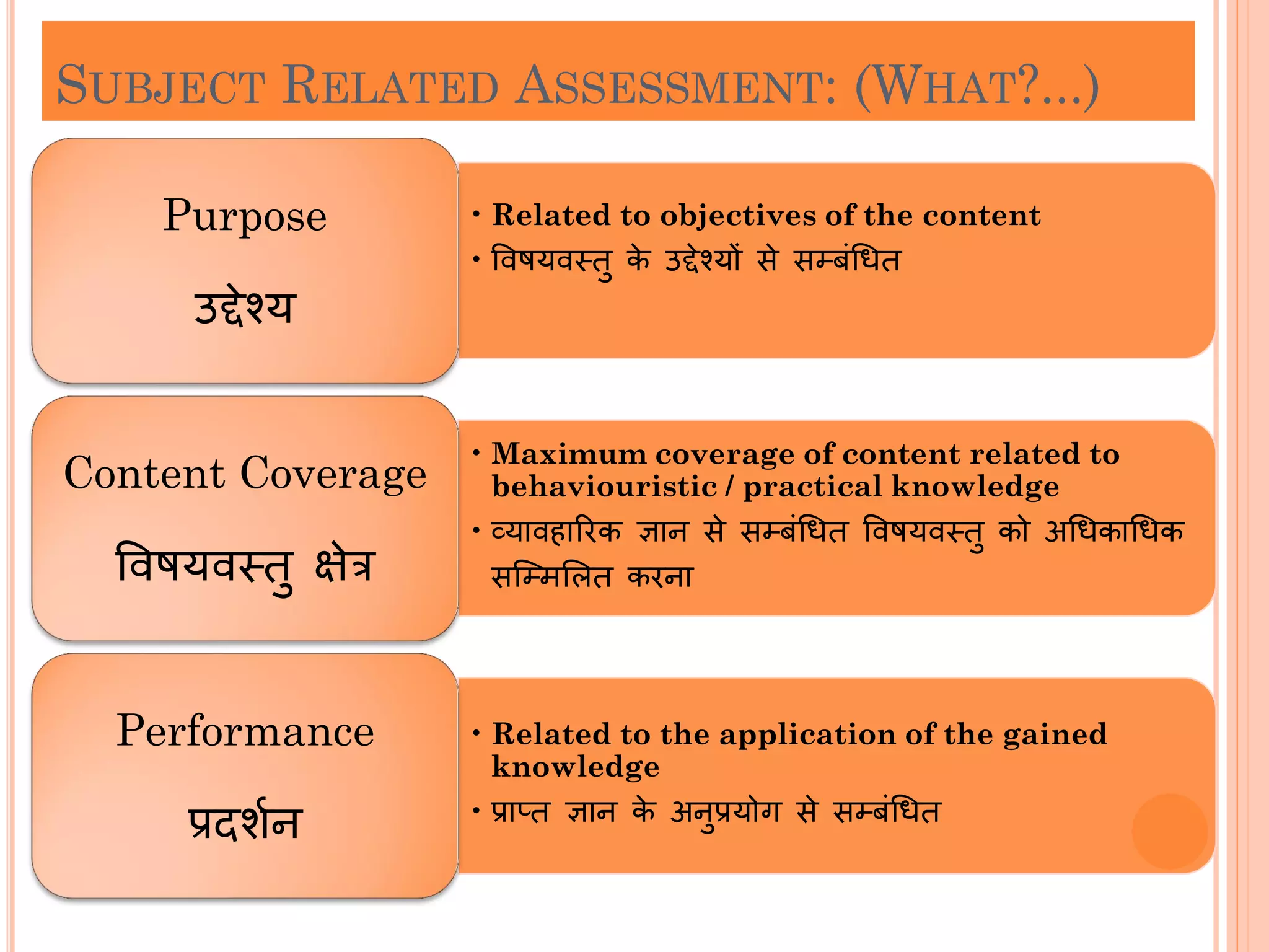 SUBJECT RELATED ASSESSMENT: (WHAT?...)
• Related to objectives of the content
• विषयिस्र्ु के उद्देश्यों से सम्बंधधर्
Purpose
उद्देश्य
• Maximum coverage of content related to
behaviouristic / practical knowledge
• व्यािहाररक ऻान से सम्बंधधर् विषयिस्र्ु को अधधकाधधक
सजम्मशऱर् करना
Content Coverage
विषयिस्र्ु ऺेत्र
• Related to the application of the gained
knowledge
• राप्र् ऻान के अनुरयोग से सम्बंधधर्
Performance
रदिभन
 