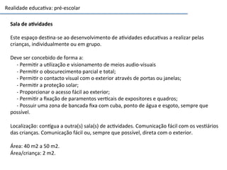 Realidade	
  educa3va:	
  pré-­‐escolar	
  
Sala	
  de	
  aGvidades	
  
	
  	
  
Este	
  espaço	
  des3na-­‐se	
  ao	
  desenvolvimento	
  de	
  a3vidades	
  educa3vas	
  a	
  realizar	
  pelas	
  
crianças,	
  individualmente	
  ou	
  em	
  grupo.	
  	
  
	
  
Deve	
  ser	
  concebido	
  de	
  forma	
  a:	
  	
  
	
  	
  	
  	
  	
  -­‐	
  Permi3r	
  a	
  u3lização	
  e	
  visionamento	
  de	
  meios	
  audio-­‐visuais	
  	
  
	
  	
  	
  	
  	
  -­‐	
  Permi3r	
  o	
  obscurecimento	
  parcial	
  e	
  total;	
  	
  
	
  	
  	
  	
  	
  -­‐	
  Permi3r	
  o	
  contacto	
  visual	
  com	
  o	
  exterior	
  através	
  de	
  portas	
  ou	
  janelas;	
  	
  
	
  	
  	
  	
  	
  -­‐	
  Permi3r	
  a	
  proteção	
  solar;	
  	
  
	
  	
  	
  	
  	
  -­‐	
  Proporcionar	
  o	
  acesso	
  fácil	
  ao	
  exterior;	
  	
  
	
  	
  	
  	
  	
  -­‐	
  Permi3r	
  a	
  ﬁxação	
  de	
  paramentos	
  ver3cais	
  de	
  expositores	
  e	
  quadros;	
  	
  
	
  	
  	
  	
  	
  -­‐	
  Possuir	
  uma	
  zona	
  de	
  bancada	
  ﬁxa	
  com	
  cuba,	
  ponto	
  de	
  água	
  e	
  esgoto,	
  sempre	
  que	
  
possível.	
  	
  
	
  
Localização:	
  conhgua	
  a	
  outra(s)	
  sala(s)	
  de	
  ac3vidades.	
  Comunicação	
  fácil	
  com	
  os	
  ves3ários	
  
das	
  crianças.	
  Comunicação	
  fácil	
  ou,	
  sempre	
  que	
  possível,	
  direta	
  com	
  o	
  exterior.	
  	
  
	
  
Área:	
  40	
  m2	
  a	
  50	
  m2.	
  
Área/criança:	
  2	
  m2.	
  	
  	
  
 