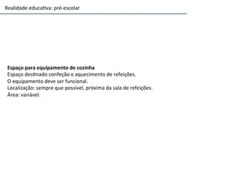 Realidade	
  educa3va:	
  pré-­‐escolar	
  
Espaço	
  para	
  equipamento	
  de	
  cozinha	
  	
  
Espaço	
  des3nado	
  confeção	
  e	
  aquecimento	
  de	
  refeições.	
  
O	
  equipamento	
  deve	
  ser	
  funcional.	
  
Localização:	
  sempre	
  que	
  possível,	
  próxima	
  da	
  sala	
  de	
  refeições.	
  	
  
Área:	
  variável.	
  	
  
 