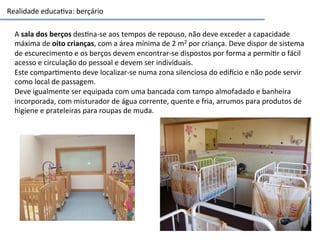 Realidade	
  educa3va:	
  berçário	
  
A	
  sala	
  dos	
  berços	
  des3na-­‐se	
  aos	
  tempos	
  de	
  repouso,	
  não	
  deve	
  exceder	
  a	
  capacidade	
  
máxima	
  de	
  oito	
  crianças,	
  com	
  a	
  área	
  mínima	
  de	
  2	
  m2	
  por	
  criança.	
  Deve	
  dispor	
  de	
  sistema	
  
de	
  escurecimento	
  e	
  os	
  berços	
  devem	
  encontrar-­‐se	
  dispostos	
  por	
  forma	
  a	
  permi3r	
  o	
  fácil	
  
acesso	
  e	
  circulação	
  do	
  pessoal	
  e	
  devem	
  ser	
  individuais.	
  
Este	
  compar3mento	
  deve	
  localizar-­‐se	
  numa	
  zona	
  silenciosa	
  do	
  ediScio	
  e	
  não	
  pode	
  servir	
  
como	
  local	
  de	
  passagem.	
  
Deve	
  igualmente	
  ser	
  equipada	
  com	
  uma	
  bancada	
  com	
  tampo	
  almofadado	
  e	
  banheira	
  
incorporada,	
  com	
  misturador	
  de	
  água	
  corrente,	
  quente	
  e	
  fria,	
  arrumos	
  para	
  produtos	
  de	
  
higiene	
  e	
  prateleiras	
  para	
  roupas	
  de	
  muda.	
  
 