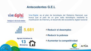 Antecedentes G.E.L 
Vive Digital, es el plan de tecnología del Gobierno Nacional, que 
busca que el país de un gran salto tecnológico mediante la 
masificación de Internet y el desarrollo del ecosistema digital nacional 
5.681 
Agrupo iniciativas de 
13 
Ministerios 
Reducir el desempleo 
Reducir la pobreza 
Aumentar la competitividad 
 