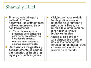 Shamai y Hilel Shamai, juez principal y sabio de la Torah, desarrolló una estrategía de doble agenda en su trato con los romanos. Por un lado acepta la presencia de una guardía para hacer prevalecer los dictados de la corte. Por otro lado, enseñó a odiarlos secretamente. Rechazaba a los gentiles y constantemente se oponía a enseñarles la Torah y las leyes y costumbres judías. Hilel, juez y maestro de la Torah, prefirió tener la autoridad de la santidad y justicia de la Torah, sin acudir a la guardia romana para hacer valer sus decisones legales. Amaba a los gentiles y consideraba que mientras más se les enseñara la Torah, amarían más a Israel y menos anti semitismo existiría en el mundo. 
