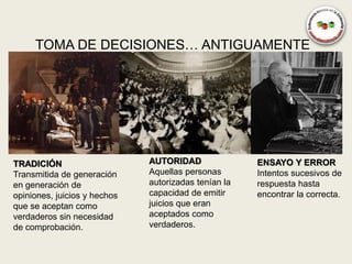 TOMA DE DECISIONES… ANTIGUAMENTE




TRADICIÓN                     AUTORIDAD               ENSAYO Y ERROR
Transmitida de generación     Aquellas personas       Intentos sucesivos de
en generación de              autorizadas tenían la   respuesta hasta
opiniones, juicios y hechos   capacidad de emitir     encontrar la correcta.
que se aceptan como           juicios que eran
verdaderos sin necesidad      aceptados como
de comprobación.              verdaderos.
 