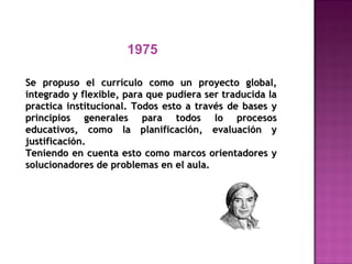 1975
Se propuso el currículo como un proyecto global,Se propuso el currículo como un proyecto global,
integrado y flexible, para que pudiera ser traducida laintegrado y flexible, para que pudiera ser traducida la
practica institucional. Todos esto a través de bases ypractica institucional. Todos esto a través de bases y
principios generales para todos lo procesosprincipios generales para todos lo procesos
educativos, como la planificación, evaluación yeducativos, como la planificación, evaluación y
justificación.justificación.
Teniendo en cuenta esto como marcos orientadores yTeniendo en cuenta esto como marcos orientadores y
solucionadores de problemas en el aula.solucionadores de problemas en el aula.
 