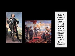A Restauração da Independência
1 de dezembro de 1640

João IV
Afonso VI
Pedro II
João V
José I
Maria I
João VI
Pedro IV
Miguel I
Maria II
Pedro V
Luís I
Carlos I
Manuel II

D. João IV
(1604-1656)

Reis da dinastia de Bragança
(1640-1910)

 