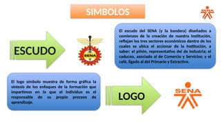 ESCUDO
LOGO
SIMBOLOS
El escudo del SENA (y la bandera) diseñados a
comienzos de la creación de nuestra Institución,
reflejan los tres sectores económicos dentro de los
cuales se ubica el accionar de la Institución, a
saber: el piñón, representativo del de Industria; el
caduceo, asociado al de Comercio y Servicios; y el
café, ligado al del Primario y Extractivo.
El logo símbolo muestra de forma gráfica la
síntesis de los enfoques de la formación que
impartimos en la que el individuo es el
responsable de su propio proceso de
aprendizaje. ​
 