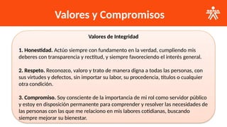 Valores y Compromisos
Valores de Integridad
1. Honestidad. Actúo siempre con fundamento en la verdad, cumpliendo mis
deberes con transparencia y rectitud, y siempre favoreciendo el interés general.
2. Respeto. Reconozco, valoro y trato de manera digna a todas las personas, con
sus virtudes y defectos, sin importar su labor, su procedencia, títulos o cualquier
otra condición.
3. Compromiso. Soy consciente de la importancia de mi rol como servidor público
y estoy en disposición permanente para comprender y resolver las necesidades de
las personas con las que me relaciono en mis labores cotidianas, buscando
siempre mejorar su bienestar.
 