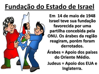 Fundação do Estado de IsraelEm  14 de maio de 1948 Israel teve sua fundação favorecida por uma partilha concebida pela ONU. Os árabes da região reagiram, porém foram derrotados.Árabes = Apoio dos países do Oriente Médio.Judeus = Apoio dos EUA e Inglaterra.