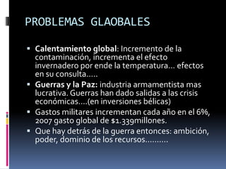 DESARROLLO HUMANOCual Desarrollo?? Políticas mundiales ahorcan a los países subdesarrollados…….Organismos invierten en revertir la pobreza de países en vías de desarrollo.Lucha contra la pobreza: Todo mundo lucha contra la pobreza nadie hace nada para evitarla, cuando se sabe que la única manera de evitar la pobreza es la mejor distribución de la riqueza…(Sánchez Parga).