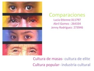 Comparaciones	
  
Lucia	
  E0enne:311797	
  
Abril	
  Gomez	
  :	
  264334	
  
Jenny	
  Rodríguez:	
  273946	
  
Cultura	
  de	
  masas-­‐	
  cultura	
  de	
  elite	
  
Cultura	
  popular-­‐	
  industria	
  cultural	
  	
  
 