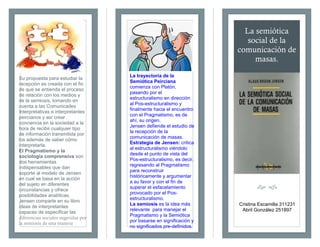 La semiótica
social de la
comunicación de
masas.
Su propuesta para estudiar la
recepción es creada con el fin
de que se entienda el proceso
de relación con los medios y
de la semiosis, tomando en
cuenta a las Comunicades
Interpretativas e interpretantes
peircianos y así crear
conciencia en la sociedad a la
hora de recibir cualquier tipo
de información transmitida por
los además de saber cómo
interpretarla.
El Pragmatismo y la
sociología comprensiva son
dos herramientas
indispensables que dan
soporte al modelo de Jensen
en cual se basa en la acción
del sujeto en diferentes
circunstancias y ofrece
posibilidades analíticas.
Jensen comparte en su libro
ideas de interpretantes
capaces de especificar las
diferencias sociales sugeridas por
la semiosis de una manera
La trayectoria de la
Semiótica Peirciana
comienza con Platón,
pasando por el
estructuralismo en dirección
al Pos-estructuralismo y
finalmente hacia el encuentro
con el Pragmatismo, es de
ahí, su origen.
Jensen defiende el estudio de
la recepción de la
comunicación de masas.
Estrategia de Jensen: critica
al estructuralismo viéndolo
desde el punto de vista del
Pos-estructuralismo, es decir,
regresando al Pragmatismo
para reconstruir
históricamente y argumentar
a su favor y con el fin de
superar el esfacelamiento
provocado por el Pos-
estructuralismo.
La semiosis es la idea más
relevante para manejar el
Pragmatismo y la Semiótica
por basarse en significación y
no significados pre-definidos.
 
Cristina Escamilla 311231
Abril González 251897
 