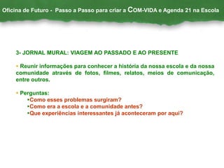 3- JORNAL MURAL: VIAGEM AO PASSADO E AO PRESENTE
 Reunir informações para conhecer a história da nossa escola e da nossa
comunidade através de fotos, filmes, relatos, meios de comunicação,
entre outros.
 Perguntas:
Como esses problemas surgiram?
Como era a escola e a comunidade antes?
Que experiências interessantes já aconteceram por aqui?
Oficina de Futuro - Passo a Passo para criar a COM-VIDA e Agenda 21 na Escola
 