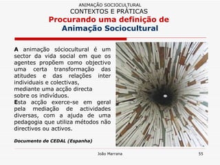 A  animação sóciocultural é um sector da vida social em que os agentes propõem como objectivo uma certa transformação das atitudes e das relações inter individuais e colectivas,  mediante uma acção directa  sobre os indivíduos.  E sta acção exerce-se em geral pela mediação de actividades diversas, com a ajuda de uma pedagogia que utiliza métodos não directivos ou activos.  Documento de CEDAL (Espanha) ANIMAÇÃO SOCIOCULTURAL CONTEXTOS E PRÁTICAS   Procurando uma definição de  Animação Sociocultural 