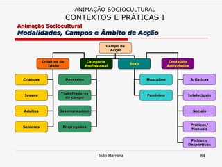ANIMAÇÃO SOCIOCULTURAL CONTEXTOS E PRÁTICAS I Animação Sociocultural  Modalidades, Campos e Âmbito de Acção  Campo de Acção Critérios de Idade Categoria  Profissional Sexo Conteúdo Actividades Crianças Jovens Adultos Seniores Operários Trabalhadores do campo Desempregados Artísticas Intelectuais Sociais Práticas/ Manuais Físicas e Desportivas Masculino Feminino Empregados 