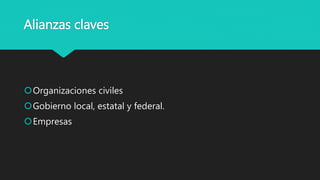 Alianzas claves
Organizaciones civiles
Gobierno local, estatal y federal.
Empresas
 