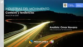 11
Contexto y tendencias
Mayo 29 de 2020
INDUSTRIAS DEL MOVIMIENTO
Analista: Omar Navarro
VPIIS- Coordinación de Manufacturas
 