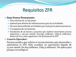Requisitos ZFR
 Zona Franca Permanente:
    Área mínima de 20 hectáreas
    Aptitud para dotarla de infraestructura para las actividades
    No estar desarrollando actividades que el proyecto planea promover
    Cronograma de cerramiento
    Instalación de al menos 5 usuarios que realicen inversiones nuevas
     superiores a 46.000 smmlv ($23.690 millones, US$11.8 millones),
     dentro de los 5 años siguientes a la declaratoria la ZFP.
 Usuario Operador:
  Persona jurídica que solicita el reconocimiento para desarrollar y
  administrar la ZFP, debe acreditar un patrimonio líquido de
  23.000 smmlv ($11.845 millones, US$5.9 millones). No aplica para
  parques tecnológicos.
 