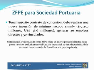 ZFPE para Sociedad Portuaria
 Tener suscrito contrato de concesión, debe realizar una
 nueva inversión de mínimo 150.000 smmlv ($77.250
 millones, US$ 38.6 millones), generar 20 empleos
 directos y 50 vinculados.

Nota: si en el área declarada como ZFPE opera un puerto privado habilitado que
 preste servicios exclusivamente al Usuario Industrial, se tiene la posibilidad de
             extender la declaratoria de Zona Franca al puerto privado.
 
