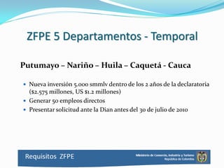 ZFPE 5 Departamentos - Temporal

Putumayo – Nariño – Huila – Caquetá - Cauca

 Nueva inversión 5.000 smmlv dentro de los 2 años de la declaratoria
  ($2.575 millones, US $1.2 millones)
 Generar 50 empleos directos
 Presentar solicitud ante la Dian antes del 30 de julio de 2010
 