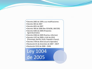 • Decreto 2685 de 1999 y sus modificaciones:
• Decreto 383 de 2007
• Decreto 4051 de 2007
• Decreto 780 de 2008 (Res 9254/08, 1867/09)
• Decreto 4285 de 2009 (Proyectos
  Agroindustriales)
• Decreto 4584 de 2009 (Puertos, Informes)
• Decreto 1197 de 2009 y 1142 de 2010
  (Putumayo, Nariño, Huila, Caquetá y Cauca).
• Decreto 1769 de 2010 (Usuario Operador)
• Resolución 01 de diciembre de 2007 – MCIT
• Resolución 5532 de 2008 – DIAN


 Ley 1004
 de 2005
 