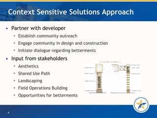 Context Sensitive Solutions Approach Partner with developer  Establish community outreach  Engage community in design and construction Initiate dialogue regarding betterments Input from stakeholders Aesthetics Shared Use Path  Landscaping Field Operations Building Opportunities for betterments 