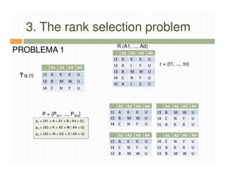 3. The rank selection problem
                                              R (A1, ..., Ad)
PROBLEMA 1                                        A1    A2    A3    A4
                                             t1   A     K     X     U
                                             t2   A     L     Y     U    r = {t1, ..., tn}
                   A1 A2 A3 A4
                                             t3   B     M     W     U
  q (r)       t1 A       K     X    U
                                             t4   C     N     Y     U
              t3 B       M     W    U
                                             t5   A     L     Z     V
              t4 C       N     Y    U



                                               A1      A2    A3    A4       A1   A2   A3     A4
              P = {PX1, ..., PXm}           t1 A       K     X     U     t3 B    M    W      U
                                            t3 B       M     W     U     t4 C    N    Y      U
          p1 = {A1 = A > A1 = B | A4 = U}
                                            t4 C       N     Y     U     t1 A    K    X      U
          p2 = {A2 = K > A2 = M | A4 = U}
          p3 = {A3 = W > A3 = X | A4 = U}      A1      A2    A3    A4       A1   A2   A3     A4
                                            t1 A       K     X     U     t4 C    N    Y      U
                                            t4 C       N     Y     U     t1 A    K    X      U
                                            t3 B       M     W     U     t3 B    M    W      U
 