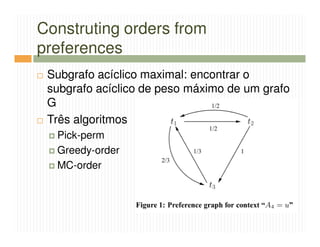 Construting orders from
preferences
 Subgrafo acíclico maximal: encontrar o
 subgrafo acíclico de peso máximo de um grafo
 G
 Três algoritmos
  Pick-perm
  Greedy-order
  MC-order
 