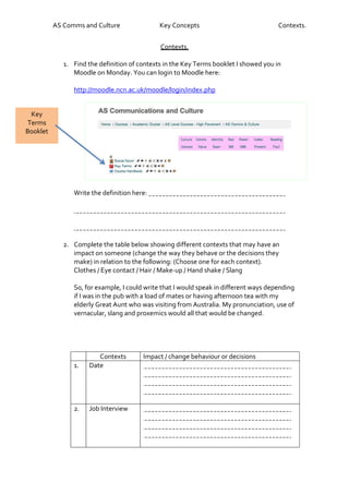AS Comms and Culture                Key Concepts                             Contexts.


                                              Contexts.

             1. Find the definition of contexts in the Key Terms booklet I showed you in
                Moodle on Monday. You can login to Moodle here:

                http://moodle.ncn.ac.uk/moodle/login/index.php


  Key
 Terms
Booklet




                Write the definition here:




             2. Complete the table below showing different contexts that may have an
                impact on someone (change the way they behave or the decisions they
                make) in relation to the following: (Choose one for each context).
                Clothes / Eye contact / Hair / Make-up / Hand shake / Slang

                So, for example, I could write that I would speak in different ways depending
                if I was in the pub with a load of mates or having afternoon tea with my
                elderly Great Aunt who was visiting from Australia. My pronunciation, use of
                vernacular, slang and proxemics would all that would be changed.




                        Contexts        Impact / change behaviour or decisions
                1.   Date




                2.   Job Interview
 