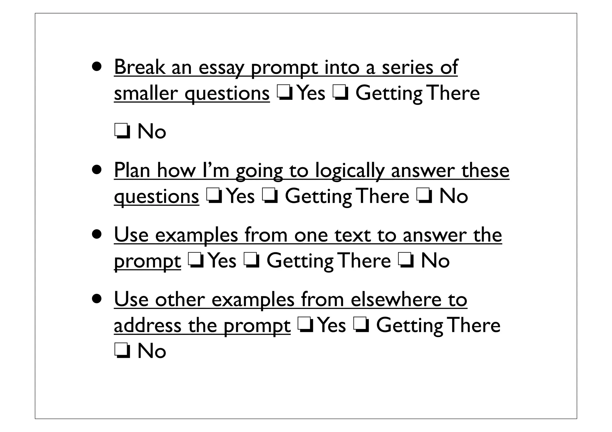 Other example
Conﬂict Choices:
Family vs. Me
Survival vs. Giving in
Loyalty vs. Self interest
Values vs.What’s practical
Change vs. Staying the same
Justice vs. Injustice
Prejudice vs.Acceptance
What’s hard vs.What’s easy
Other examples:
Current events
Historical examples
My own personal
examples
From other novels/ﬁlms
 