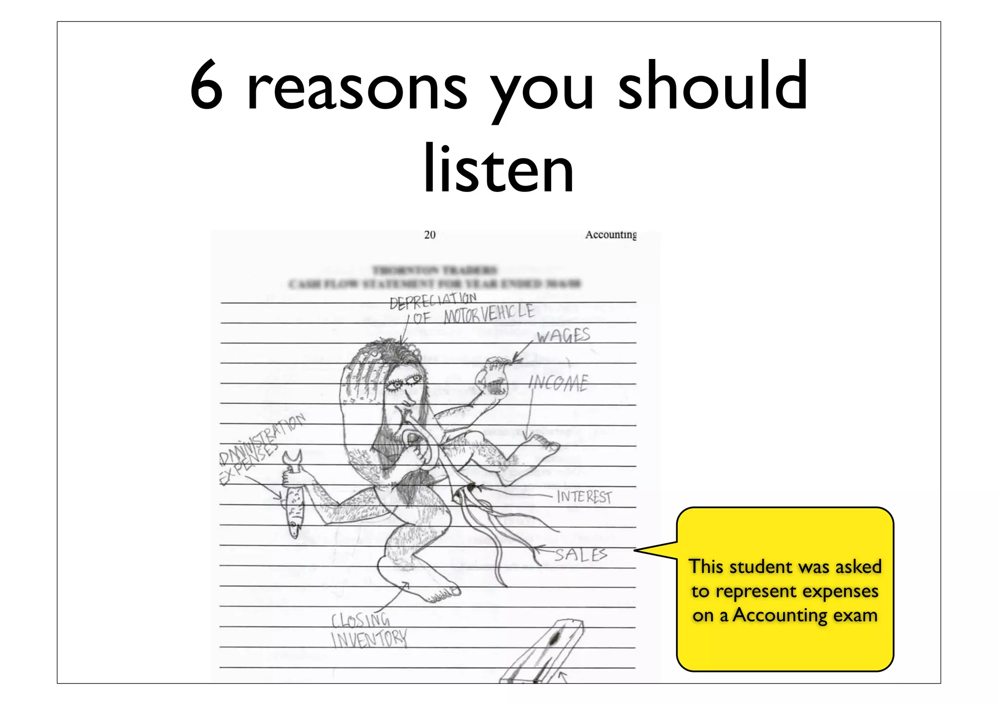 6 reasons you should
listen
This student was asked
to explain what a
mutation was in a
Biology exam
 