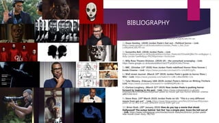 1.) Jordan Peele. (26th November 2019) Get Out - the complete annotated
screenplay – Link:
https://www.google.co.uk/books/edition/Get_Out/jPv7wQEACAAJ?hl=en
2.) Dawn Keetley. (2020) Jordan Peele’s Get out – Political horror – Link:
https://www.google.co.uk/books/edition/Jordan_Peele_s_Get_Out/-
LmWyAEACAAJ?hl=en
3.) Samantha Bell. (2018) Jordan Peele – Link:
https://www.google.co.uk/books/edition/Jordan_Peele/aG55DwAAQBAJ?hl=en&gbpv=1
&dq=jordan+peele&pg=PA29&printsec=frontcover
4.) Billy Rose Theatre Division. (2019) US – the unmarked screenplay – Link:
https://www.google.co.uk/books/edition/Us/27FpzQEACAAJ?hl=en
5.) BBC. (October 13th 2020) How Jordan Peele redefined Horror films forever |
Inside Cinema – Link: https://www.youtube.com/watch?v=UnL8lX52gPo
6.) Wall street Journal. (March 19th 2019) Jordan Peele’s guide to horror films |
WSJ – Link: https://www.youtube.com/watch?v=LXB-LvBwJdM&t=13s
7.) Tyler Mowery. (February 16th 2019) Jordan Peele’s Advice on Writing Thrillers
Link: https://www.youtube.com/watch?v=lsxWMXj9Plc&t=3s
8.) Clarisse Loughery. (March 22nd 2019) How Jordan Peele is pushing horror
forward by looking to the past - Link: https://www.independent.co.uk/arts-
entertainment/films/features/jordan-peele-us-movie-get-out-horror-director-cinema-
a8835266.html
9.) Steve Ross. (19th March 2019) Jordan Peele on US: “This is a very different
movie from get out” - Link: https://www.theguardian.com/film/2019/mar/09/jordan-
peele-on-us-this-is-a-very-different-movie-from-get-out
10.) Brian Hiatt. (29th January 2019) How do you top a movie that shook
Hollywood? The auteur behind ‘Get Out’ has a simple plan: Scare the hell out of
- Link: https://www.rollingstone.com/movies/movie-features/director-jordan-peele-
new-movie-cover-story-782743/
BIBLIOGRAPHY
 