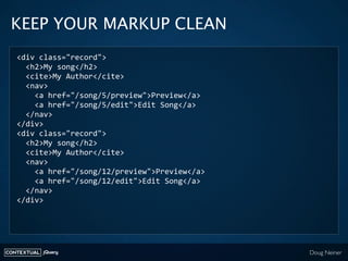 KEEP YOUR MARKUP CLEAN
   <div class="record">
     <h2>My song</h2>
     <cite>My Author</cite>
     <nav>
       <a href...