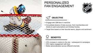 OBJECTIVE
BENEFITS
 Engage with 30M fans in real-time
 Consolidate dozens of data sources, from merchandise and
tickets to paid subscriptions and fantasy hockey
 Target fans based on their favorite teams, players and sentiment
PERSONALIZED
FAN ENGAGEMENT
• 25% increase in visitors to the site – subsequent to campaigns
• 45% higher engagement with fans
• Better personalization across different channels
 