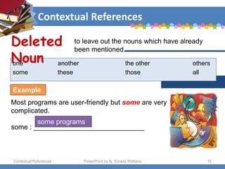 Contextual References
Contextual References PowerPoint by Aj. Sorada Wattana 15
to leave out the nouns which have already
been mentioned.
one another the other others
some these those all
Most programs are user-friendly but some are very
complicated.
Deleted
Noun
some : _____________________________
some programs
Example
 