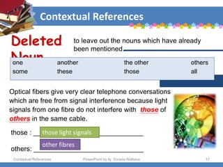 Contextual References
Contextual References PowerPoint by Aj. Sorada Wattana 17
Optical fibers give very clear telephone conversations
which are free from signal interference because light
signals from one fibre do not interfere with those of
others in the same cable.
Deleted
Noun
to leave out the nouns which have already
been mentioned.
one another the other others
some these those all
those : _____________________________
others: _____________________________
those light signals
other fibres
 