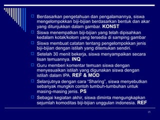  Berdasarkan pengetahuan dan pengalamannya, siswa










mengelompokkan biji-bijian berdasarkan bentuk dan akar
yang ditunjukkan dalam gambar. KONST
Siswa menempatkan biji-bijian yang telah dipisahkan
kedalam kotak/kolom yang tersedia di samping gambar
Siswa membuat catatan tentang pengelompokkan jenis
biji-bijian dengan istilah yang ditemukan sendiri.
Setelah 30 menit bekerja, siswa menyampaikan secara
lisan temuannya. INQ
Guru memberi komentar temuan siswa dengan
menyesuaikan istilah yang digunakan siswa dengan
istilah dalam IPA. REF & MOD
Selanjutnya dengan cara “Sharing”, siswa menyebutkan
sebanyak mungkin contoh tumbuh-tumbuhan untuk
masing-masing jenis. PS
Sebagai kegiatan akhir, siswa diminta mengungkapkan
sejumlah komoditas biji-bijian unggulan indonesia. REF
15

 