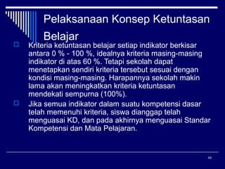 Pelaksanaan Konsep Ketuntasan




Belajar

Kriteria ketuntasan belajar setiap indikator berkisar
antara 0 % - 100 %, idealnya kriteria masing-masing
indikator di atas 60 %. Tetapi sekolah dapat
menetapkan sendiri kriteria tersebut sesuai dengan
kondisi masing-masing. Harapannya sekolah makin
lama akan meningkatkan kriteria ketuntasan
mendekati sempurna (100%).
Jika semua indikator dalam suatu kompetensi dasar
telah memenuhi kriteria, siswa dianggap telah
menguasai KD, dan pada akhirnya menguasai Standar
Kompetensi dan Mata Pelajaran.

44

 